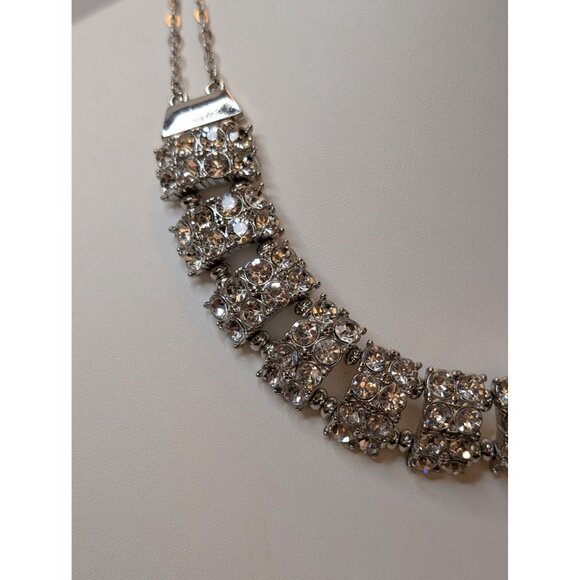 Vntg Rhinestone Collar Choker Necklace Silver-Tone Special Occasion Jewelry - Picture 5 of 7